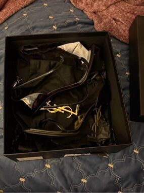 Saint Laurent Black Patent Platform Sandals with Gold YSL Accent
